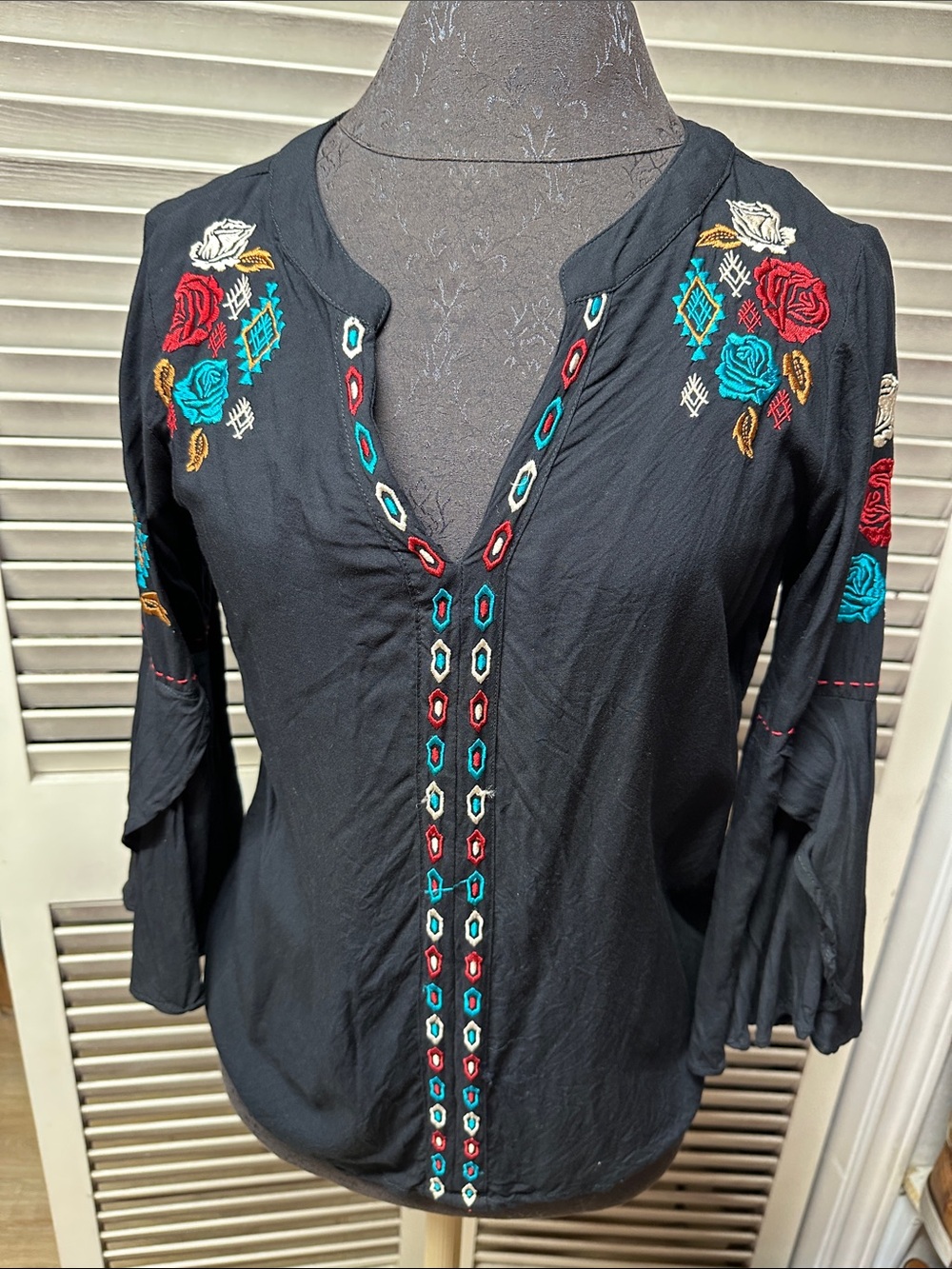 Black Embroidered V-Neck Boho Blouse with Multicolor Floral Accents
